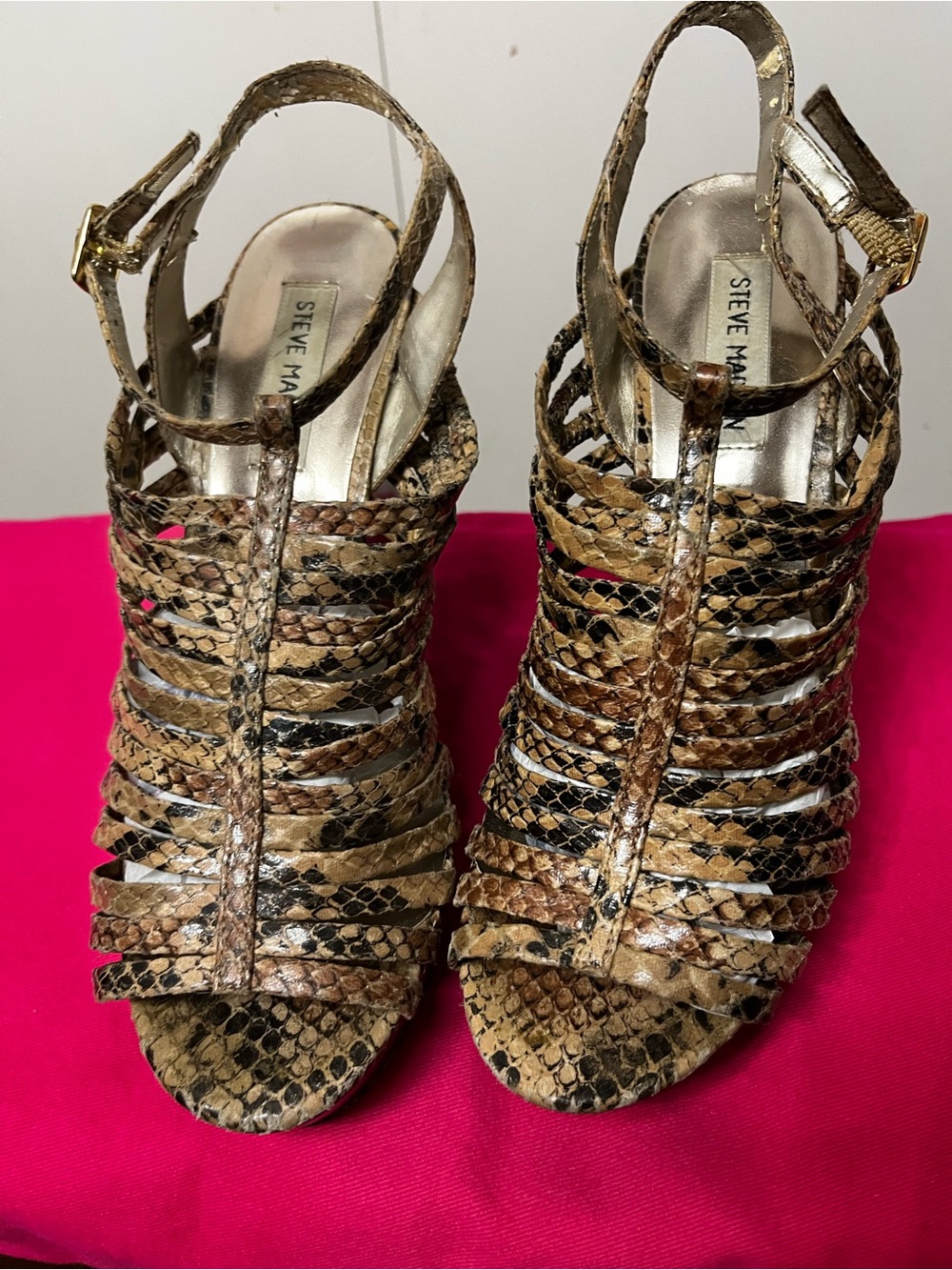 Steve Madden Gold and Brown Snake-Print Strappy Heels